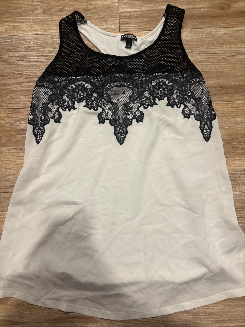 Express White Tank with Black Lace & Mesh Yoke Detail